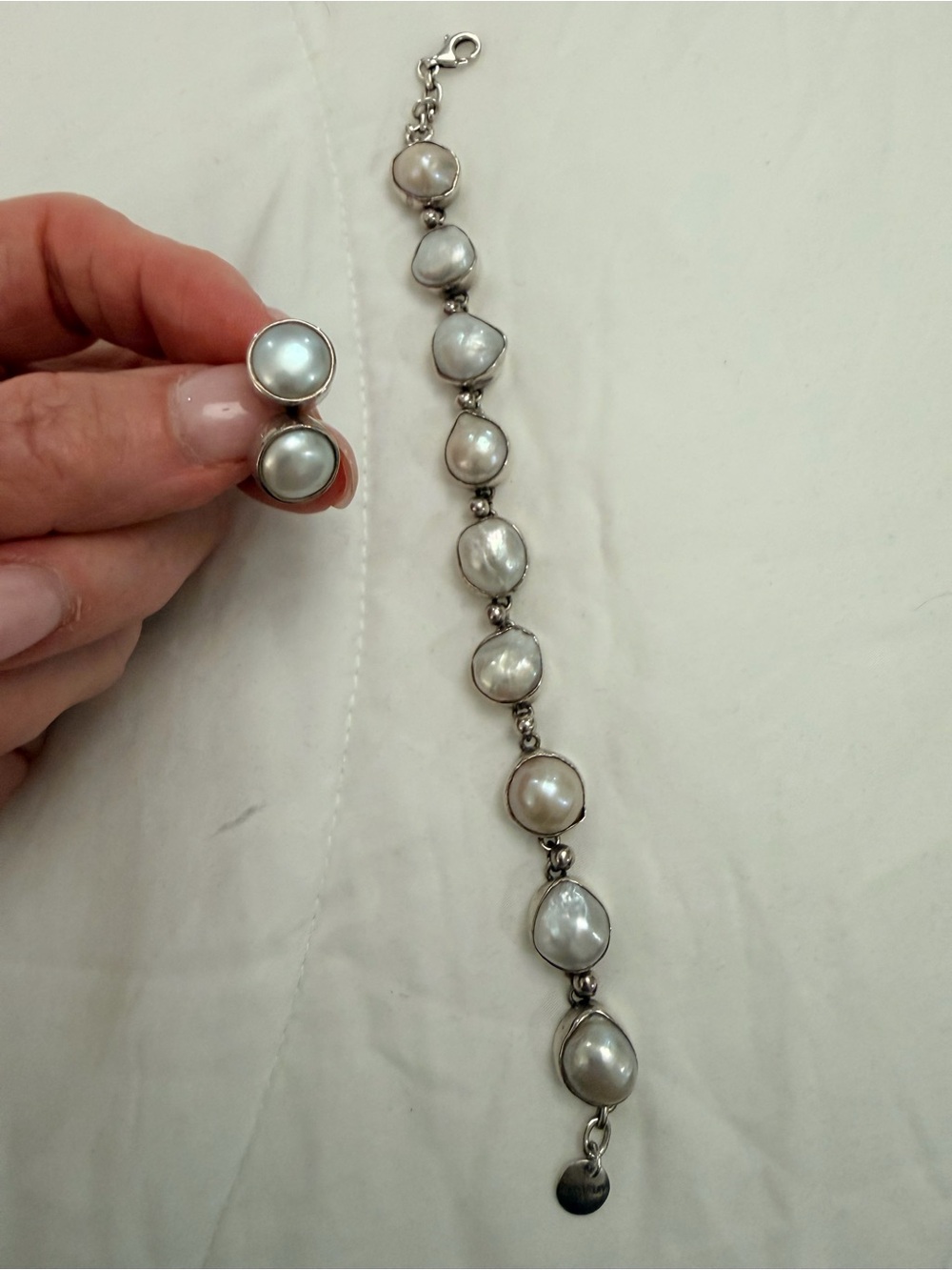 Set of Sterling Silver Pearl Link Bracelet with matching earrings